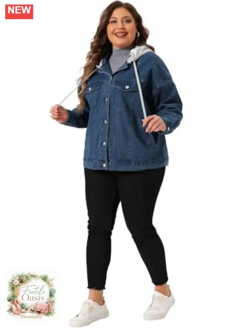 Plus Size Denim Jacket Detachable Hood Button Down Cargo Pockets